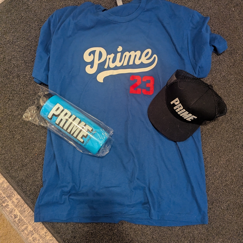 Prime Blue T-Shirt, Water Bottle And Cap